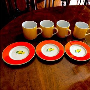 Lynn Chase Yellow Ceramic cups  (4) and Lemon Accent Saucers (4).